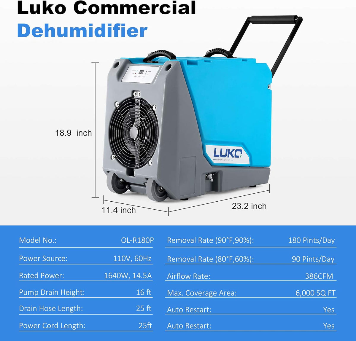180 Pints Commercial Dehumidifier with Pump Drain Hose W8273