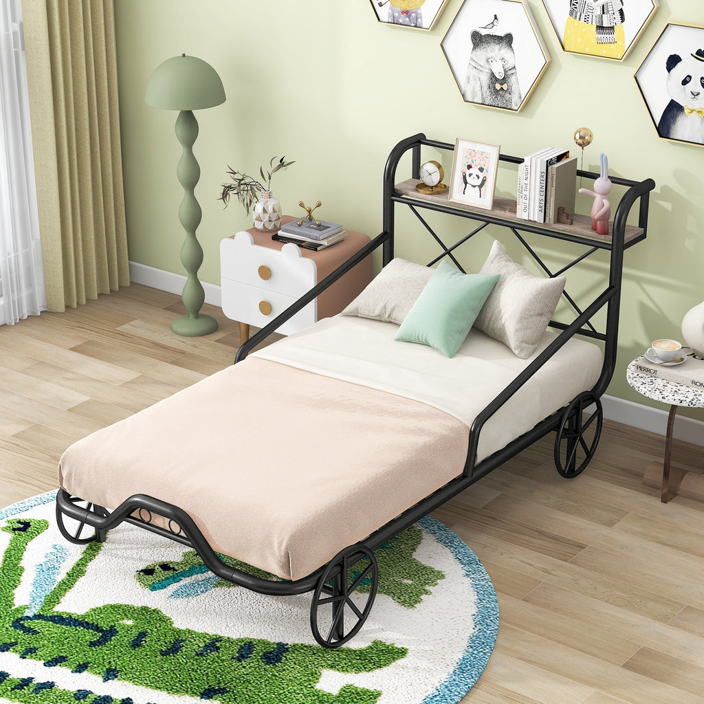 Twin Size Black Metal Car Bed with Guardrails P203133