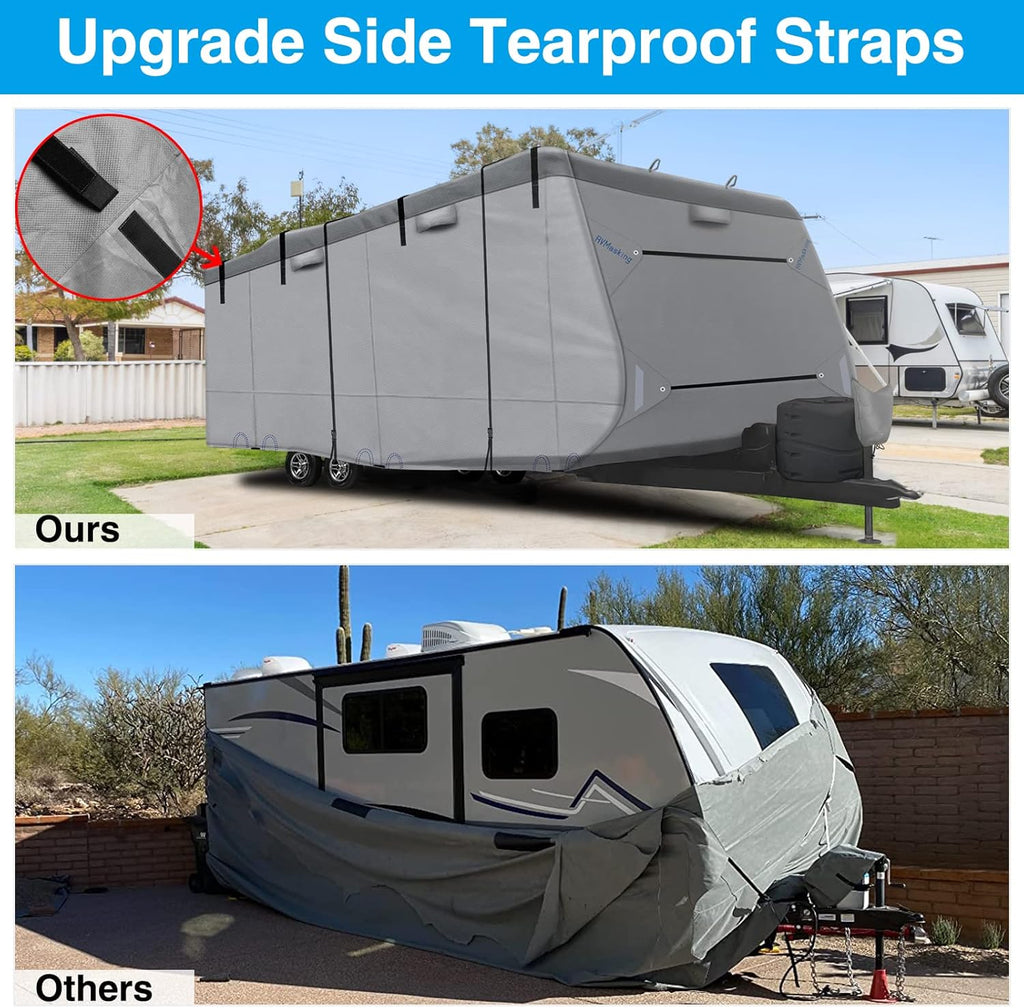 Heavy Duty RV Cover with 4 Tire Covers, Tongue Jack Cover, 2 Extra Straps, Gutter Cover D43078