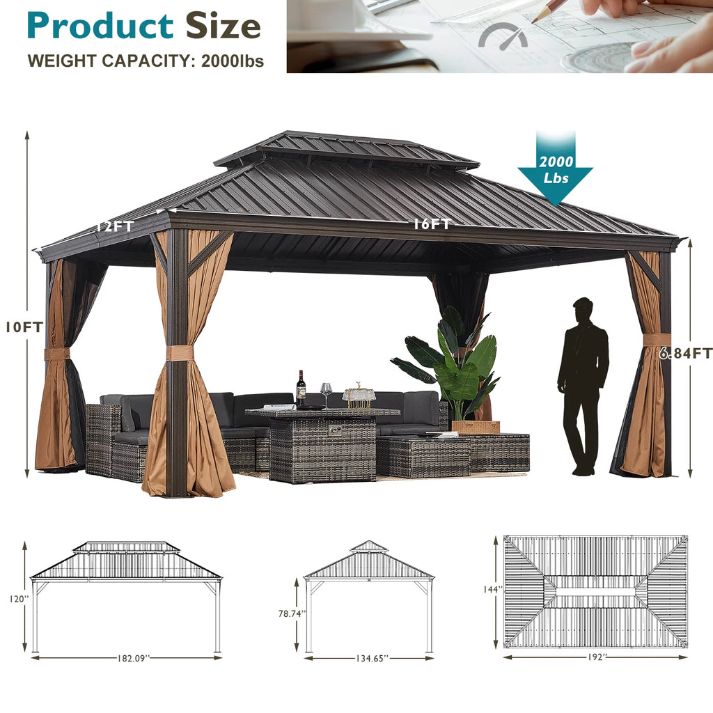 10'x12' Hardtop Steel Aluminum Gazebo with Curtains and Netting Z493