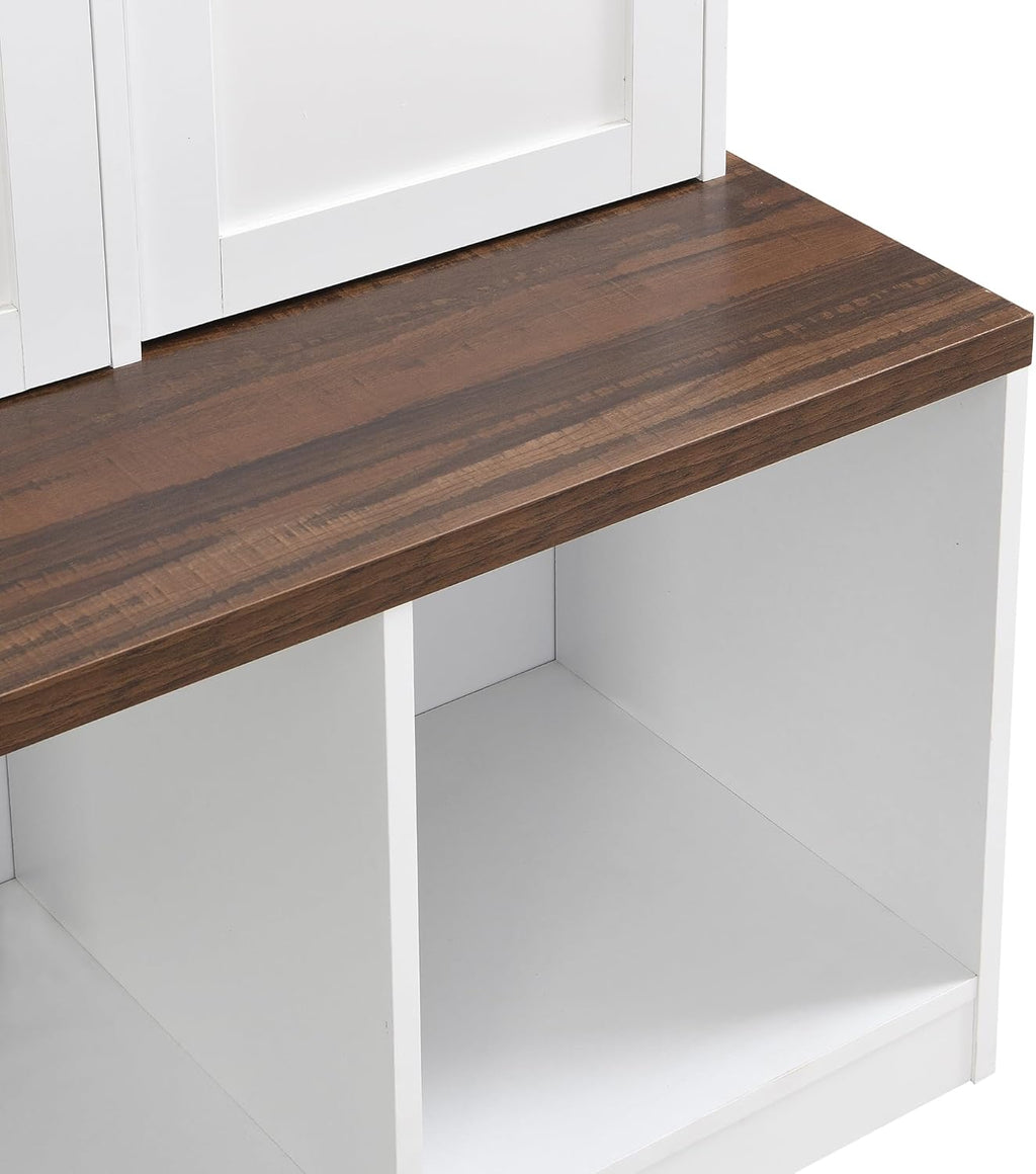 White Wide Entryway Hall Tree with Storage Bench & Shoe Cube Storage, 8 Cabinets, Coat Rack D464