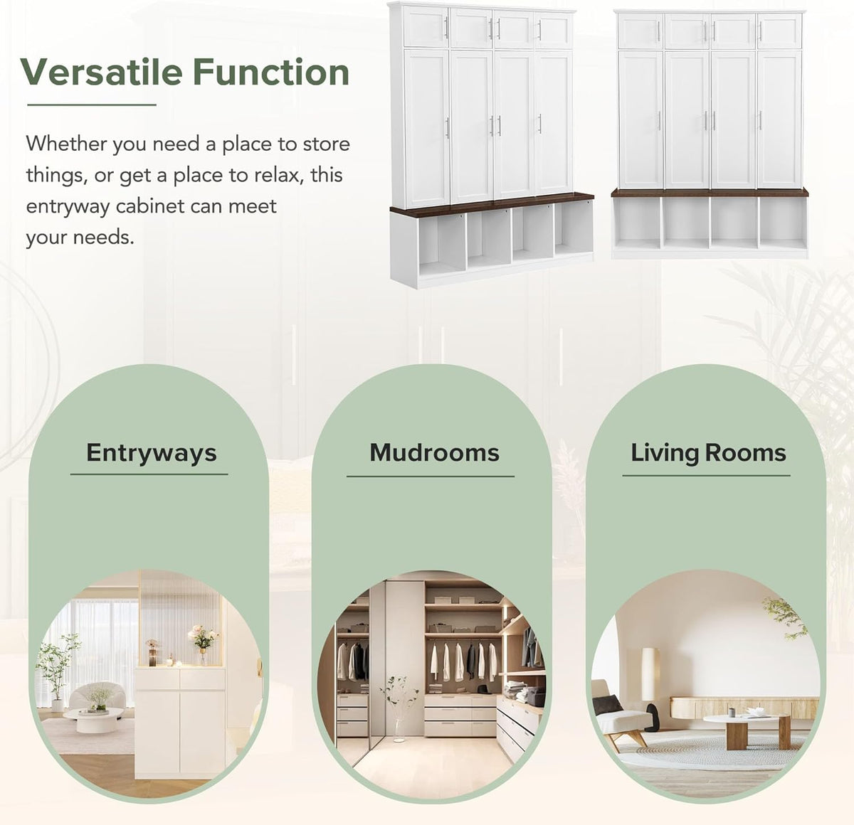 White Wide Entryway Hall Tree with Storage Bench & Shoe Cube Storage, 8 Cabinets, Coat Rack D464
