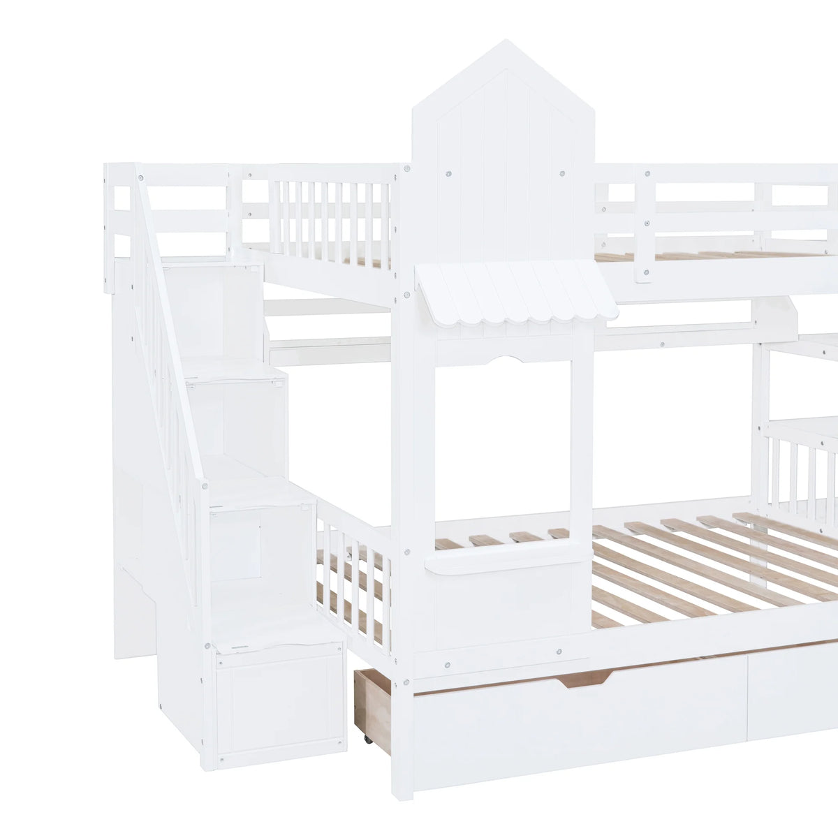 Full Over Full Castle Bunk Bed with Slide, Stairs and Storage Drawers Q676818
