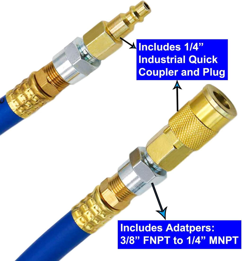 Hybrid Air Hose 1/2-Inch I.D. by 100-Feet Long Solid Brass Fittings 300 PSI Heavy Duty Lightweight Kink Resistant with 3/8" and 1/4" Industrial Quick Coupler Connectors Blue P1461