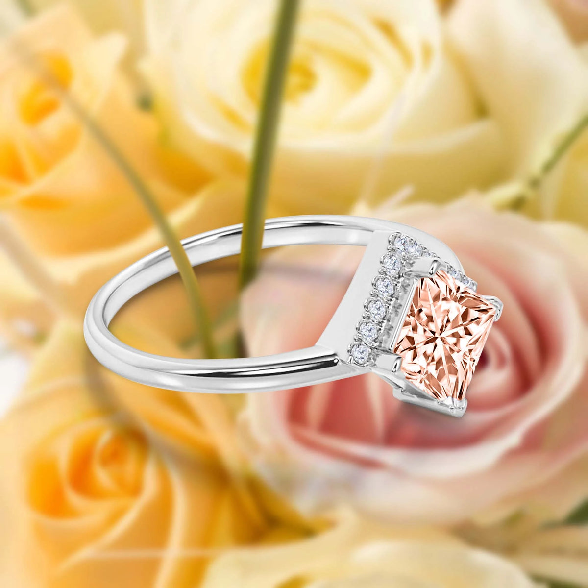 1.50 Carat Princess Cut Morganite And Diamond Moissanite Engagement Ring in 10k Solid White Gold X36477