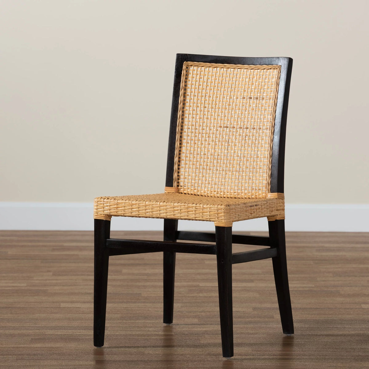 Dark Brown Mahogany Wood and Natural Rattan Dining Chair C3505