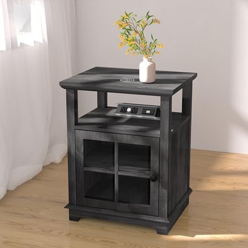 White Nightstand with Charging Station and Adjustable Shelf N8159