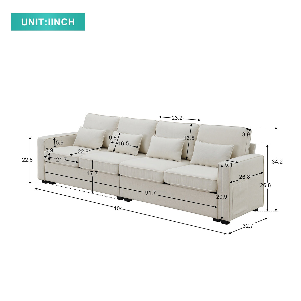 4-Seater Linen Fabric Sofa with 4 Pillows D35115