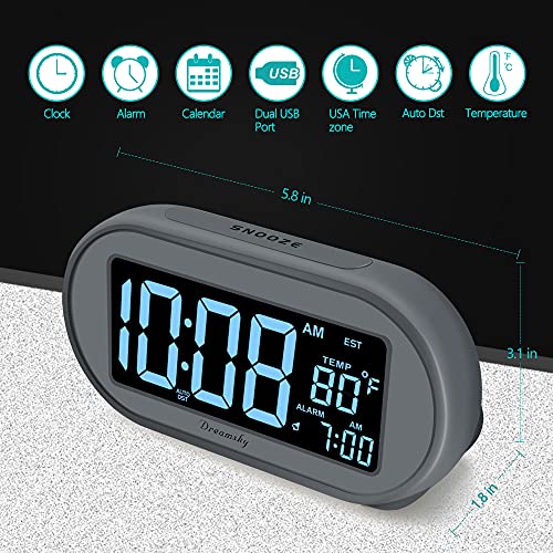 Auto Set Digital Desk Clock with Dimmable Brightness Dimmer, USB Port, Date, Temperature, Snooze K17034
