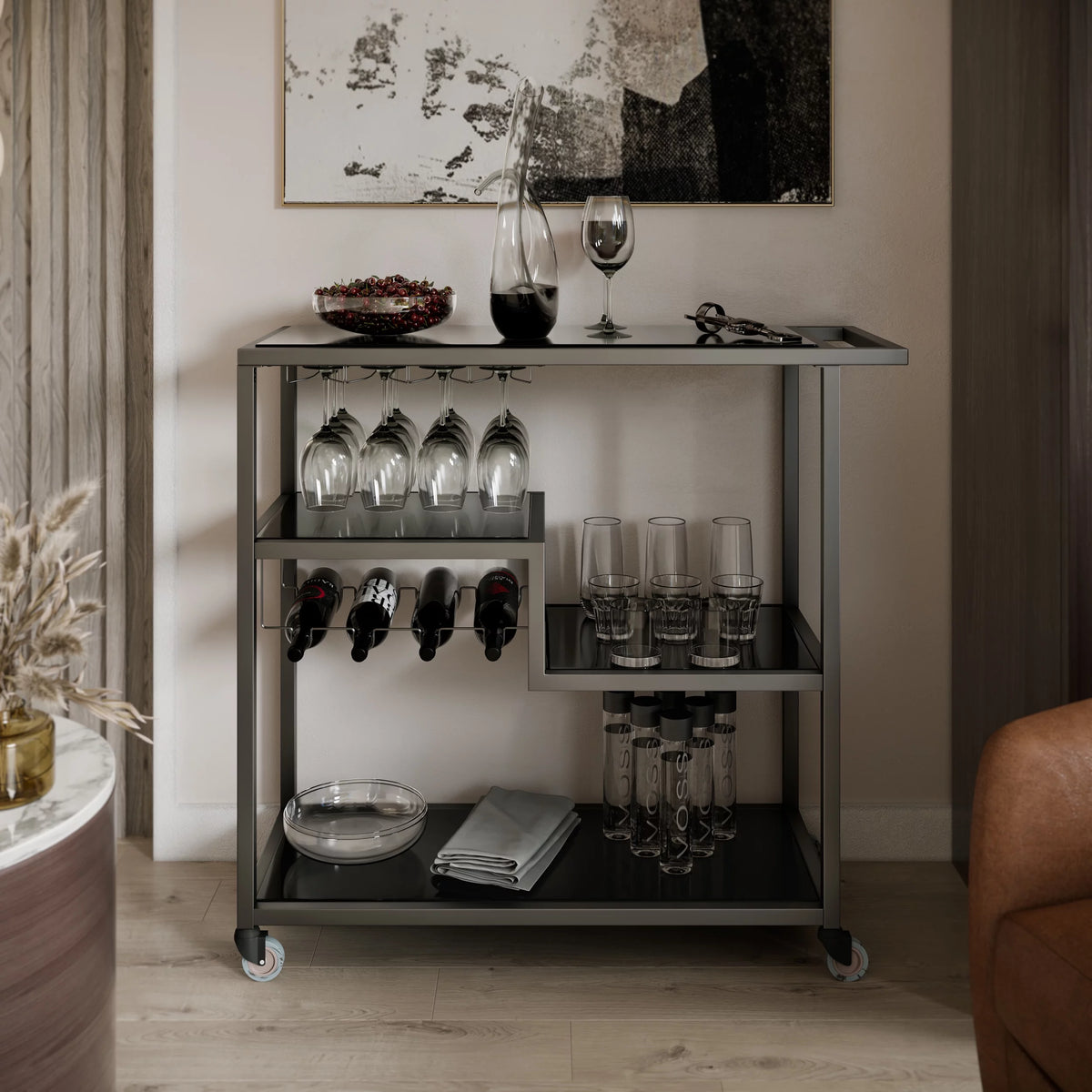 Bar Cart - Gunmetal Gray with Black Glass L3825