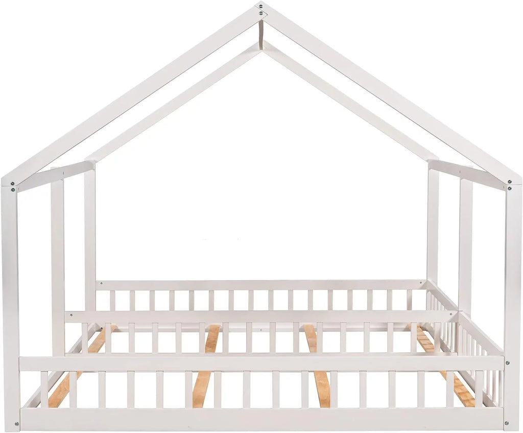 White Solid Wood Floor Bed with Rails and Roof G1304
