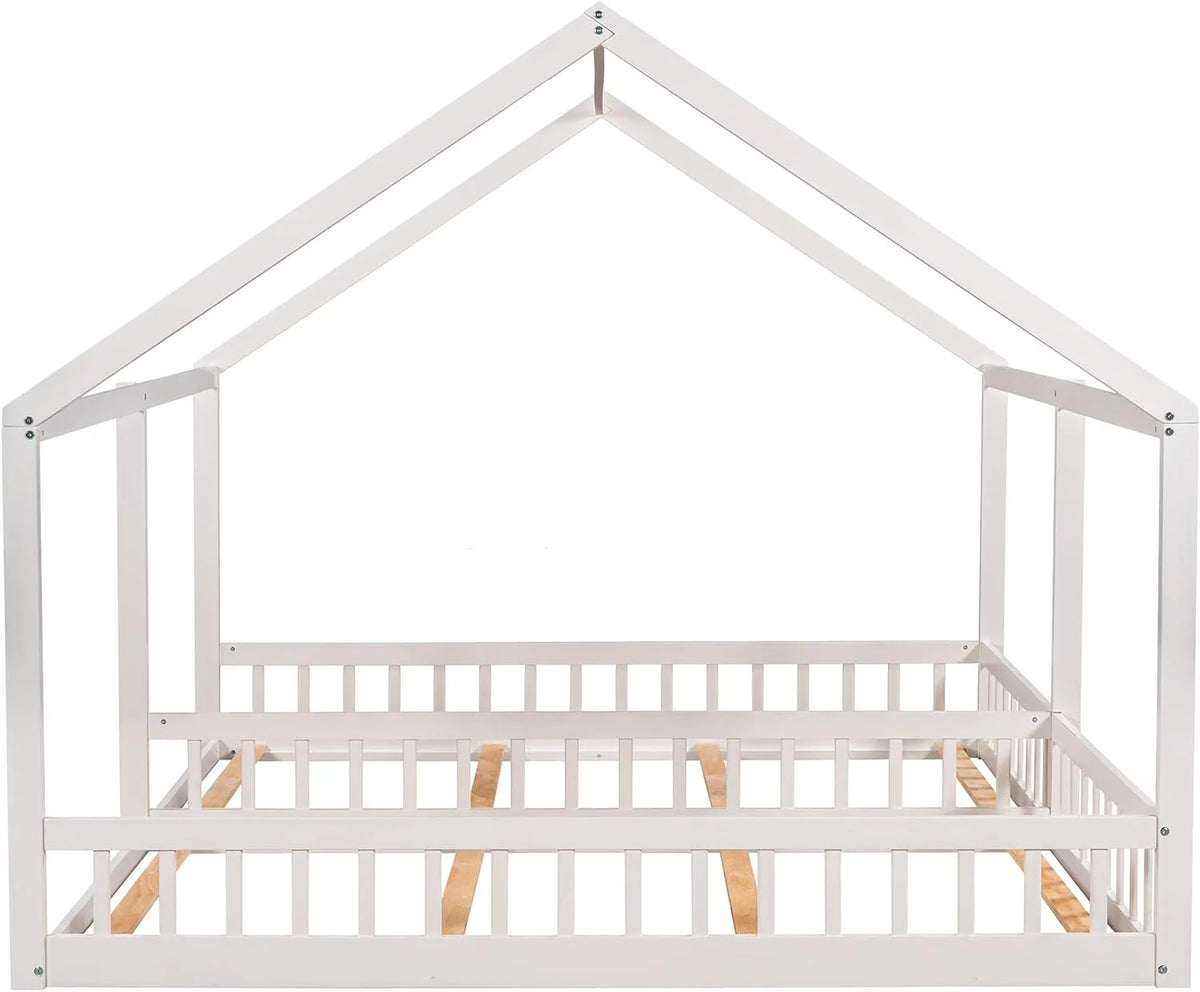 White Solid Wood Floor Bed with Rails and Roof G1304