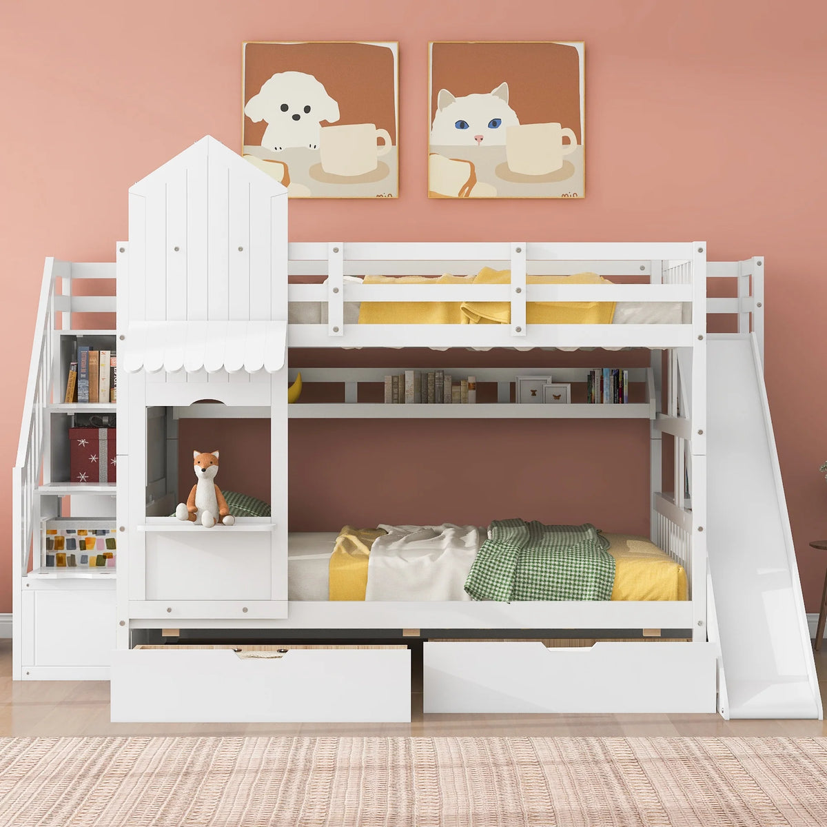 Full Over Full Castle Bunk Bed with Slide, Stairs and Storage Drawers Q676818