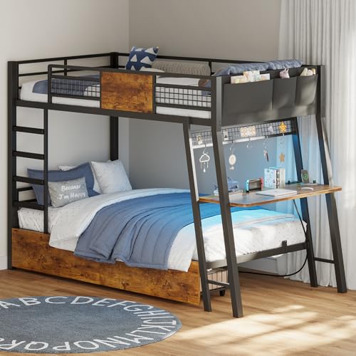 Twin Over Twin Metal Bunk Bed with Desk and Storage Drawers T6051