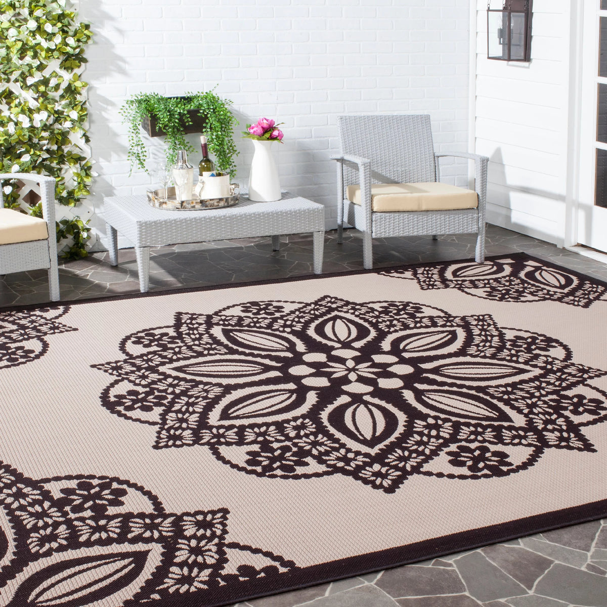 Beige Black Medallion Indoor Outdoor Area Rug Y24353