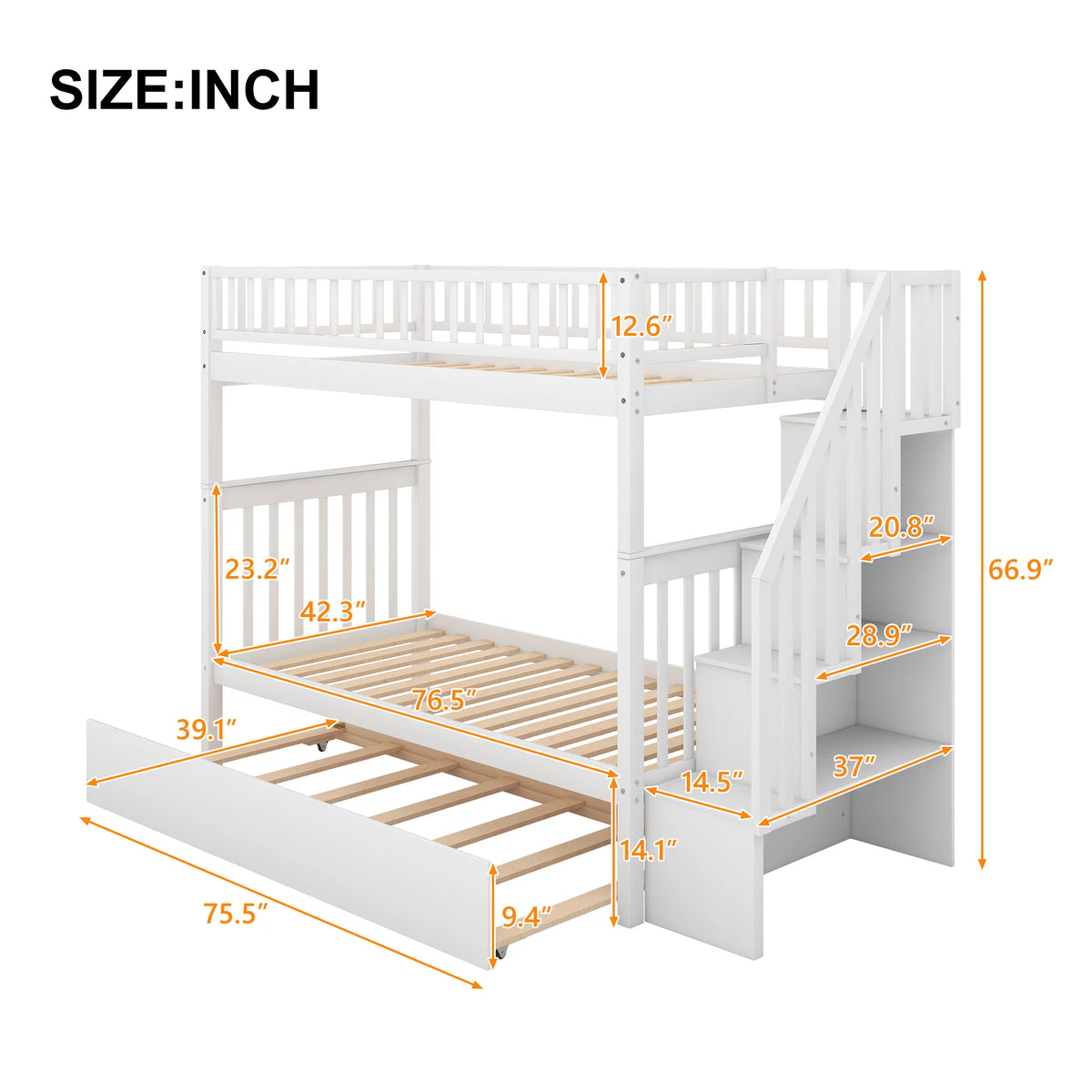 White Wood Twin over Twin Bunk Bed with Trundle and Storage Stairs J8540