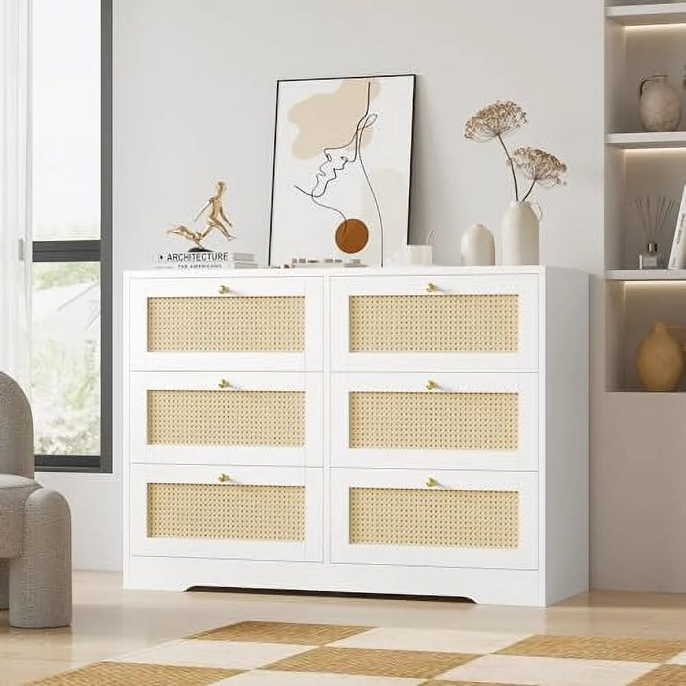 White 6 Drawer Rattan Dresser Z9502