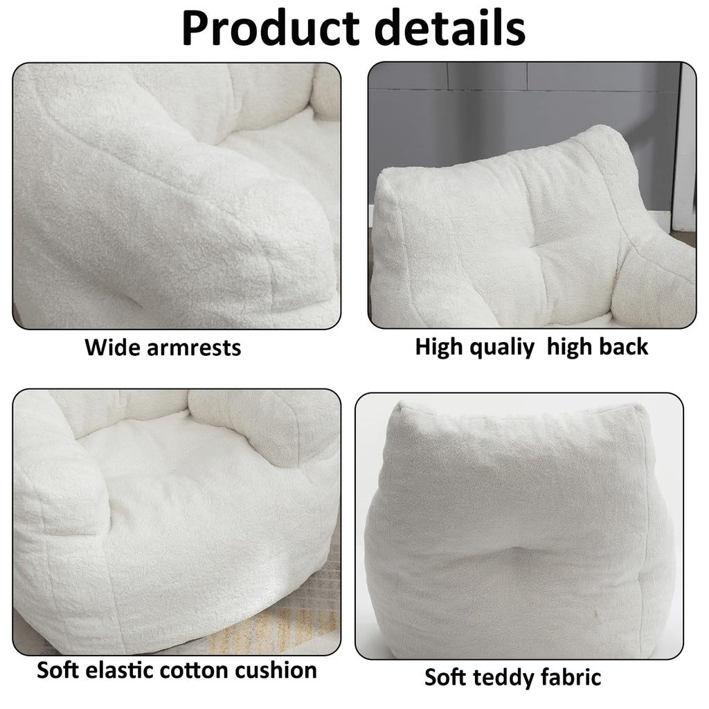 White Tufted Teddy Fabric Bean Bag Sofa with Armrest C677