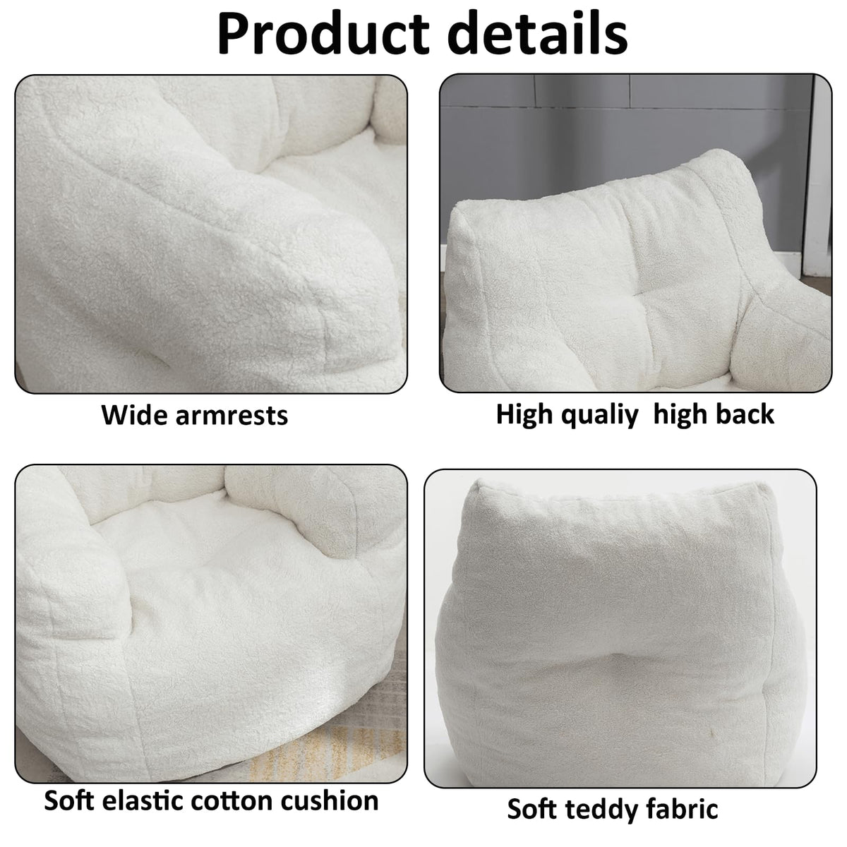 White Tufted Teddy Fabric Bean Bag Sofa with Armrest C677