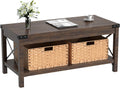 Brown Wooden Coffee Table with 2 Foldable Baskets Y49671