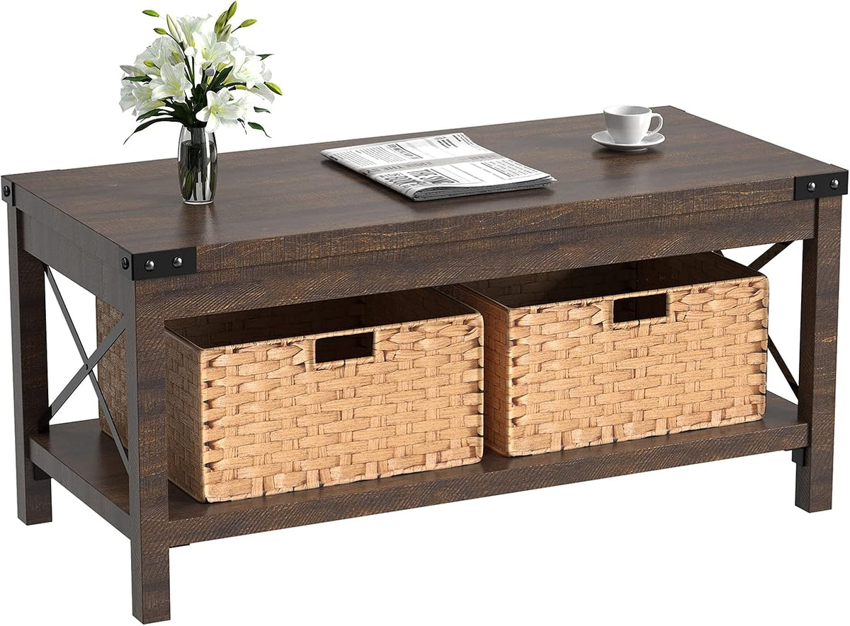 Brown Wooden Coffee Table with 2 Foldable Baskets Y49671