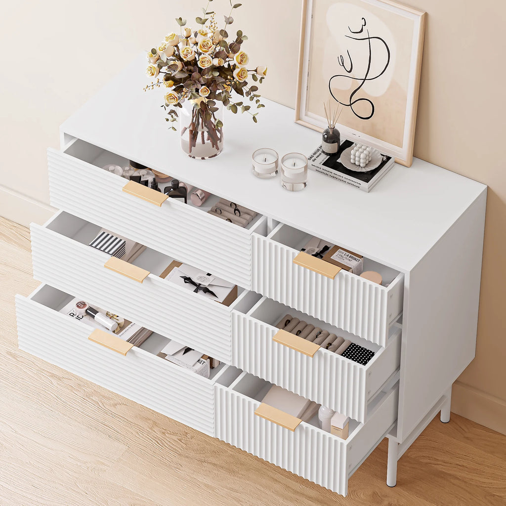 6 Drawer Creamy Wood Dresser with Metal Base F24537