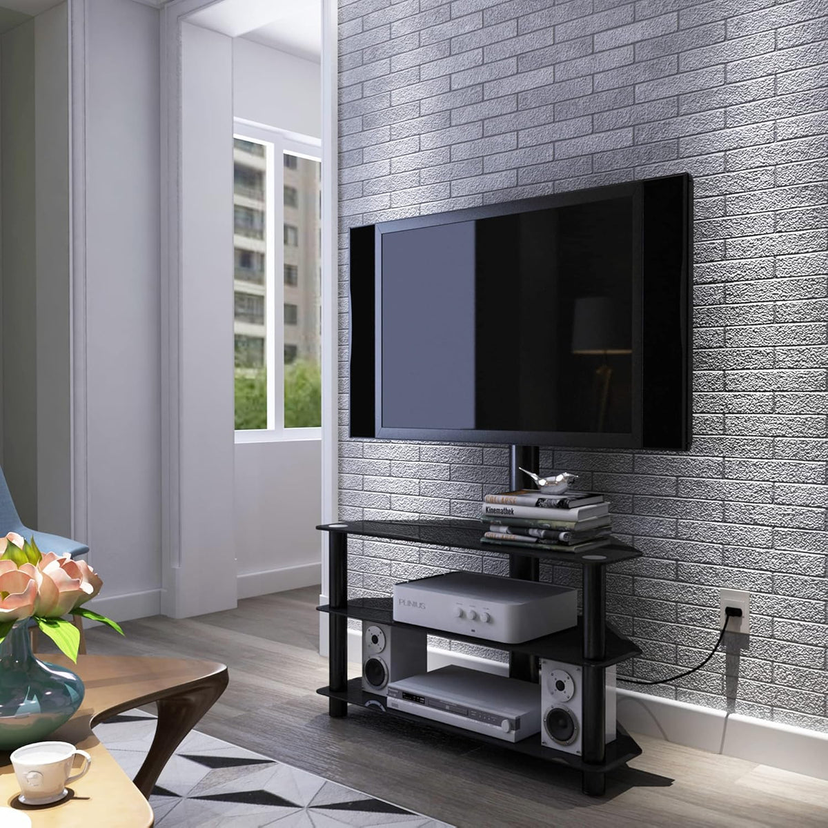 Angle and Height Adjustable Black Tempered Glass TV Stand Y497086