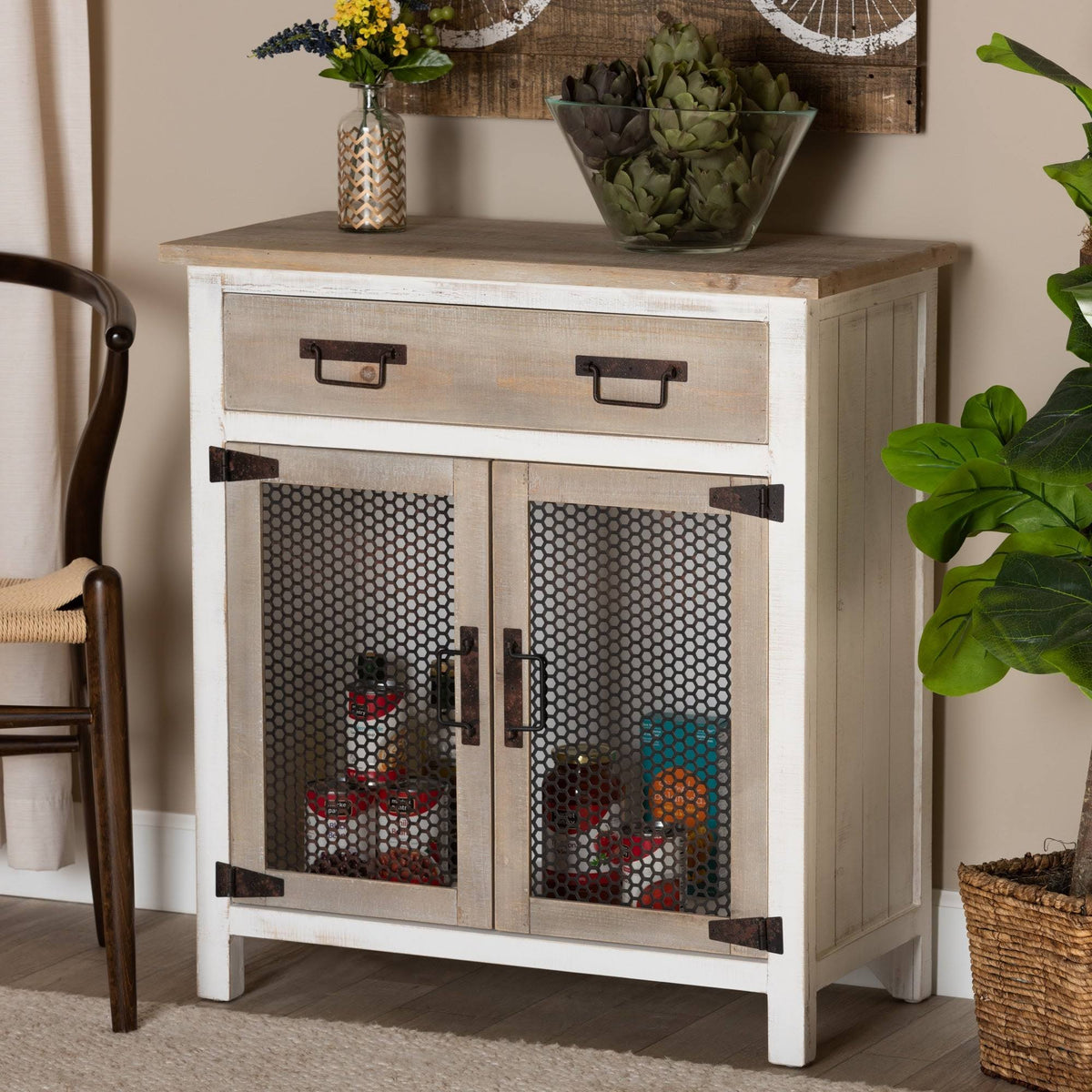 White and Oak Brown Wood 2-Door Storage Cabinet R161