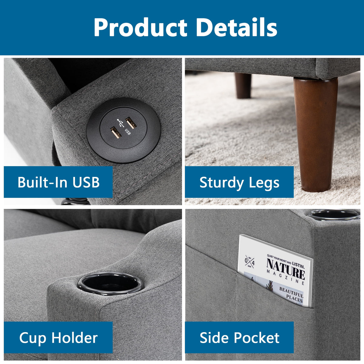Convertible L-Shaped Combo Sofa with USB Port, Cup Holder, Storage Ottoman, Dark Gray W428