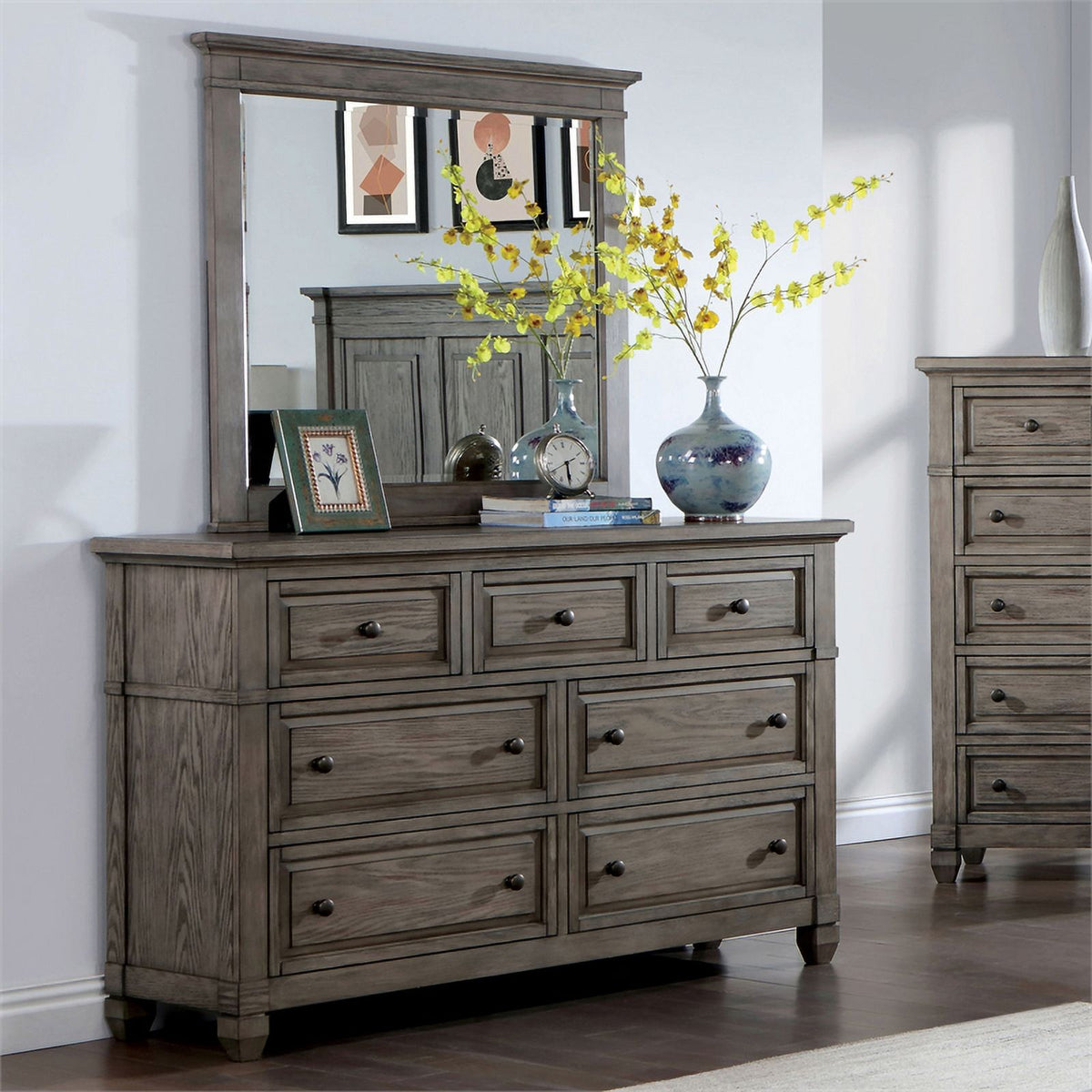 Gray Wood 7-Drawer Dresser with Mirror A600