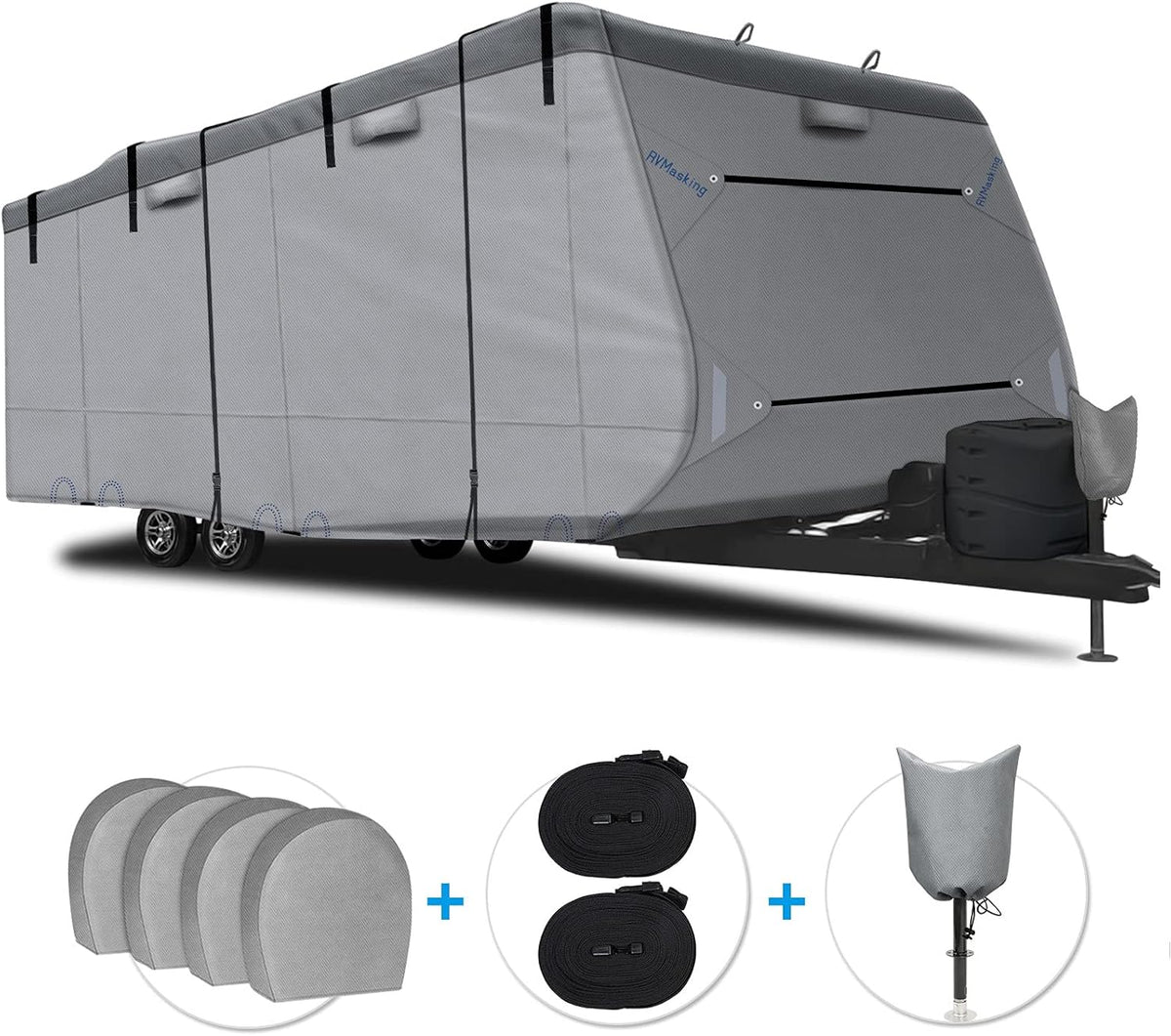 Heavy Duty RV Cover with 4 Tire Covers, Tongue Jack Cover, 2 Extra Straps, Gutter Cover D43078