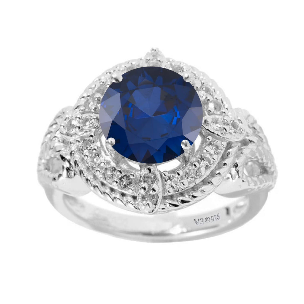 925 Sterling Silver Blue Sapphire White Topaz Halo Ring B787