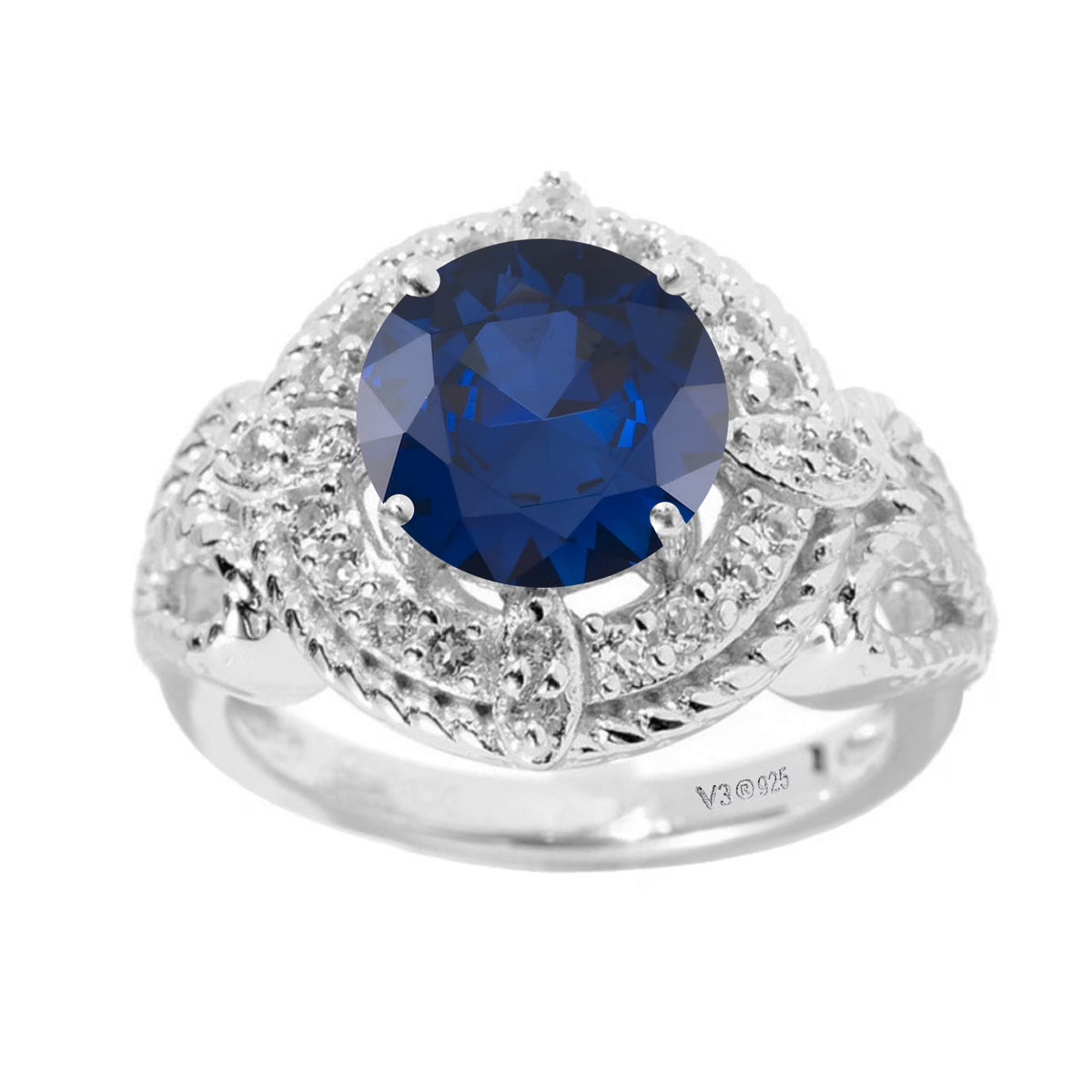 925 Sterling Silver Blue Sapphire White Topaz Halo Ring B787