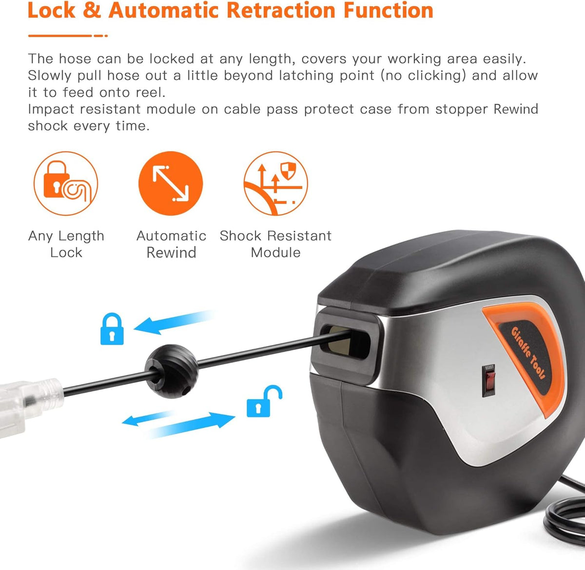 Retractable Extension Cord Reel 40ft Heavy Duty with Swivel Bracket Lighted Triple Tap R175969