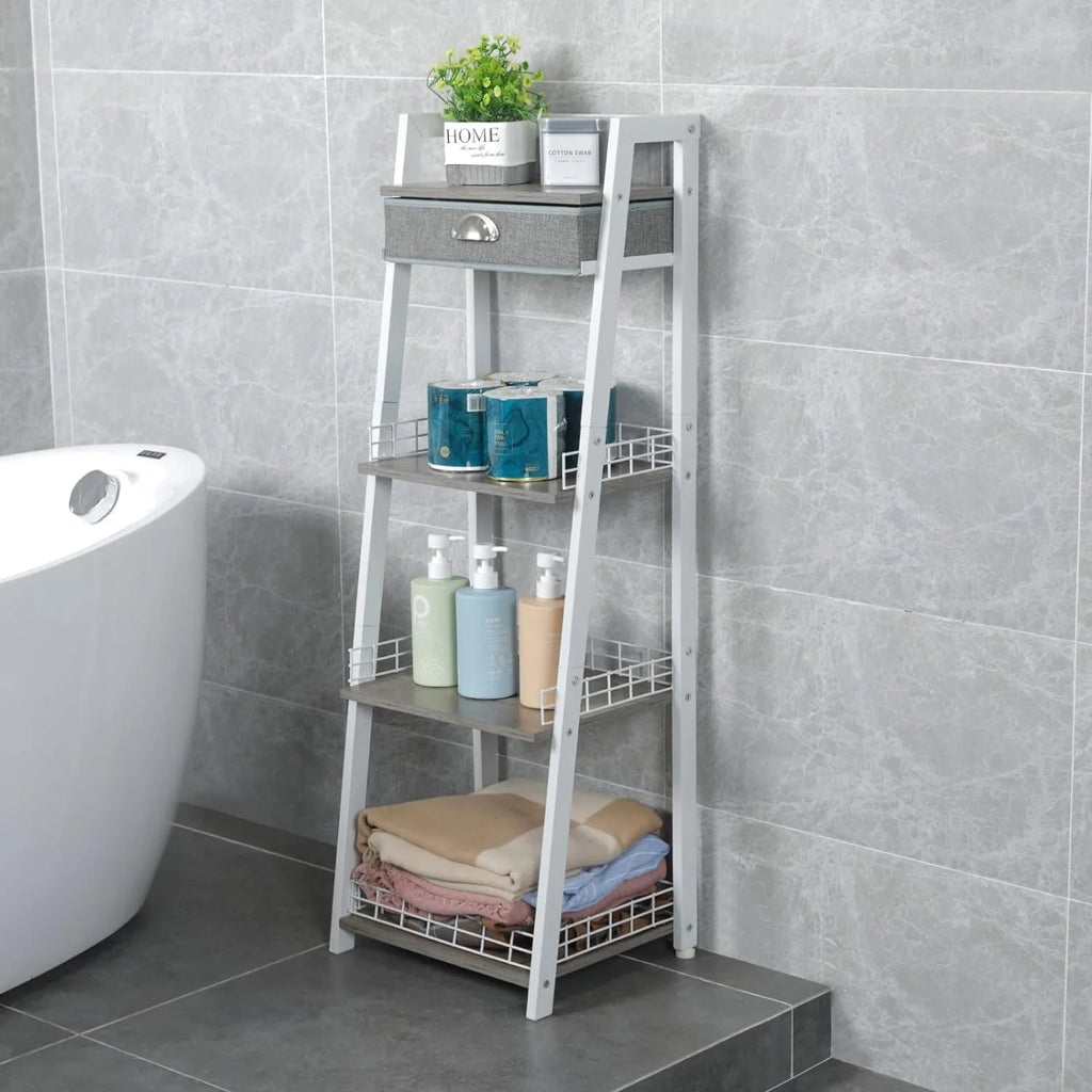 White 4 Tier Ladder Shelf with Drawer R527103