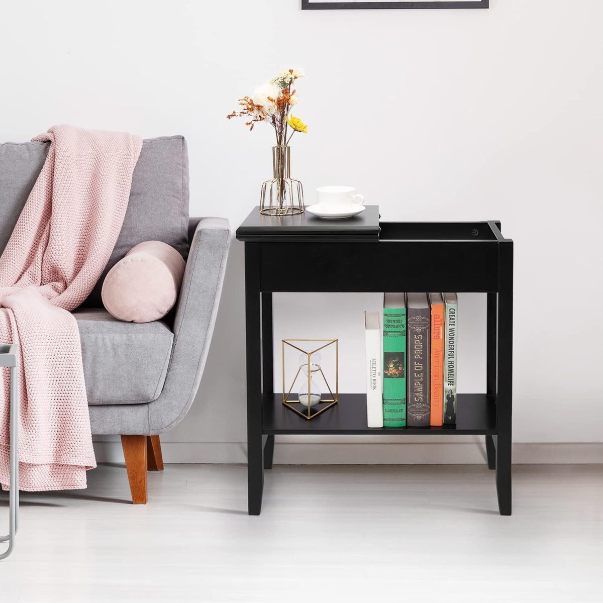 Black Flip Top End Table with Hidden Storage N1162