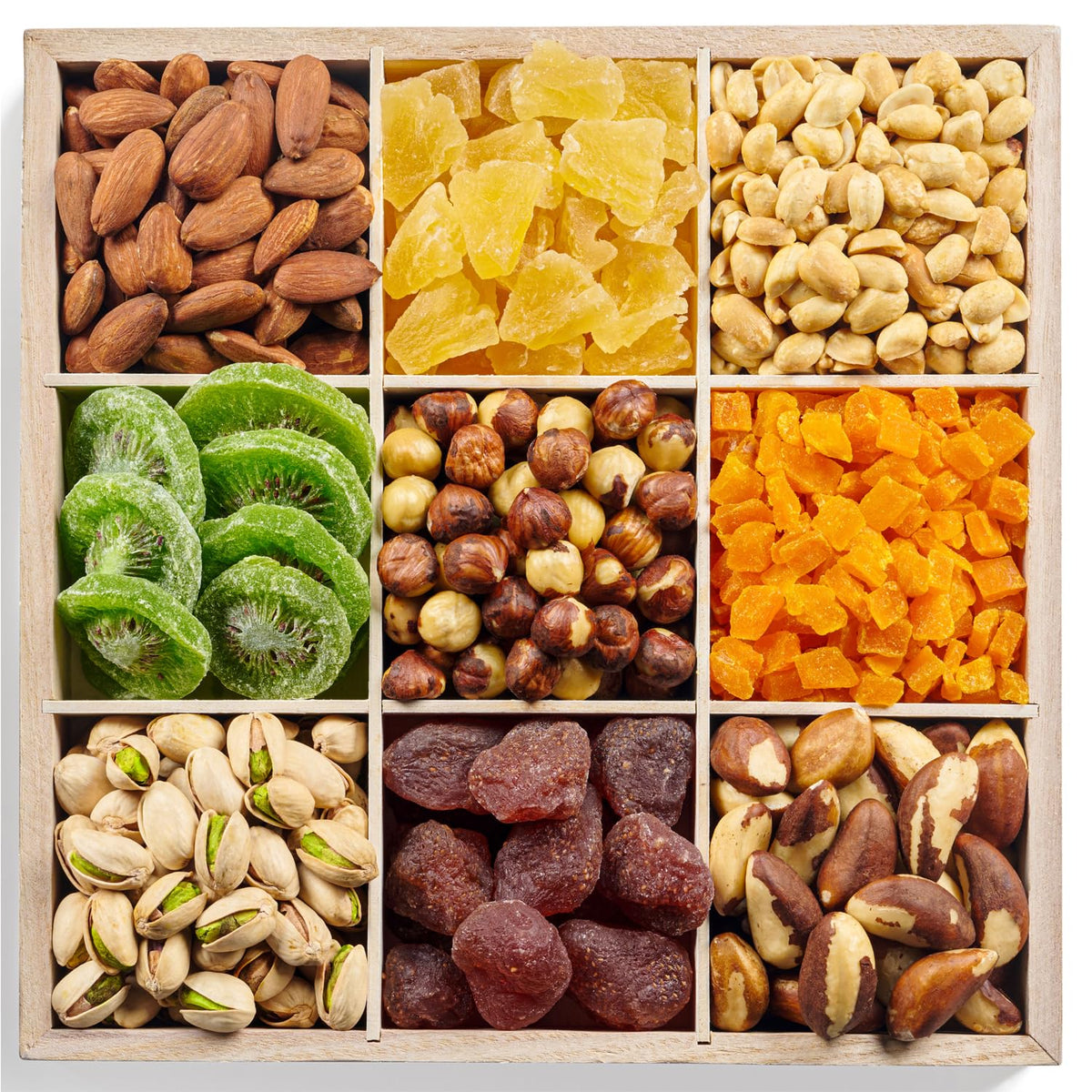 9 Varieties of Fruits & Nuts in Reusable Wooden Crate T3731