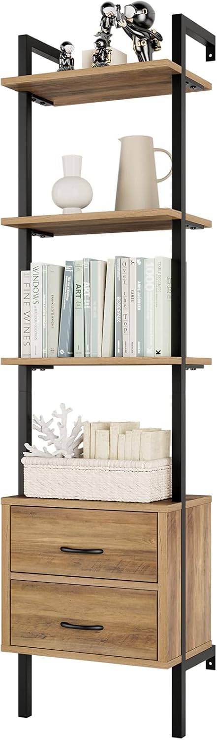 Tall Bookshelf with 2 Fabric Drawers and 4 Tier Open Shelves H4677