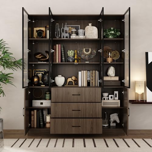 Dark Brown 6 Doors Lighted Kitchen Pantry Storage Cabinet with Glass Doors, 3 Drawers & 5 Tiers Shelf W7452