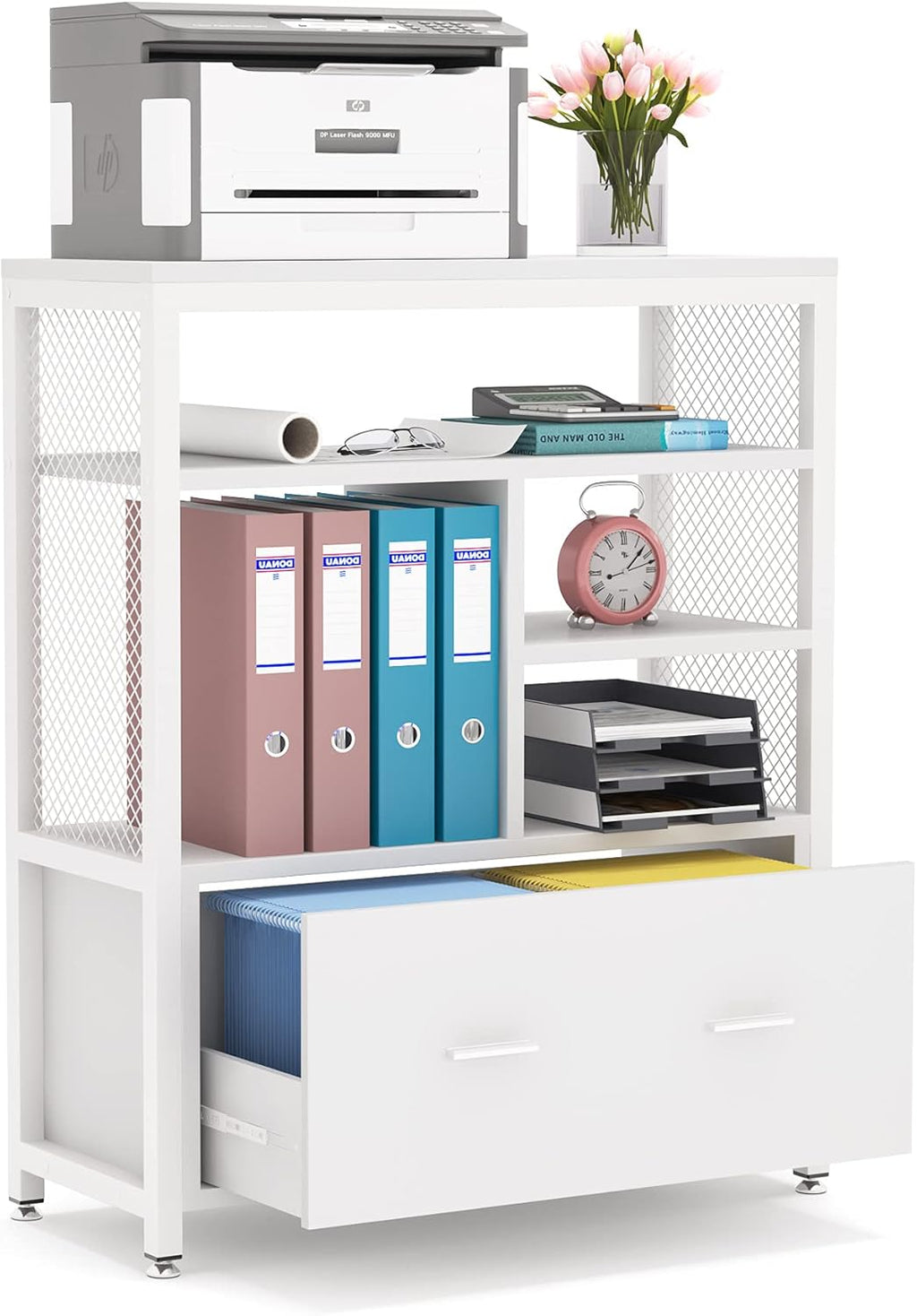 Black Wood Lateral File Cabinet with Drawer and Metal Wire Open Storage Shelves O749152