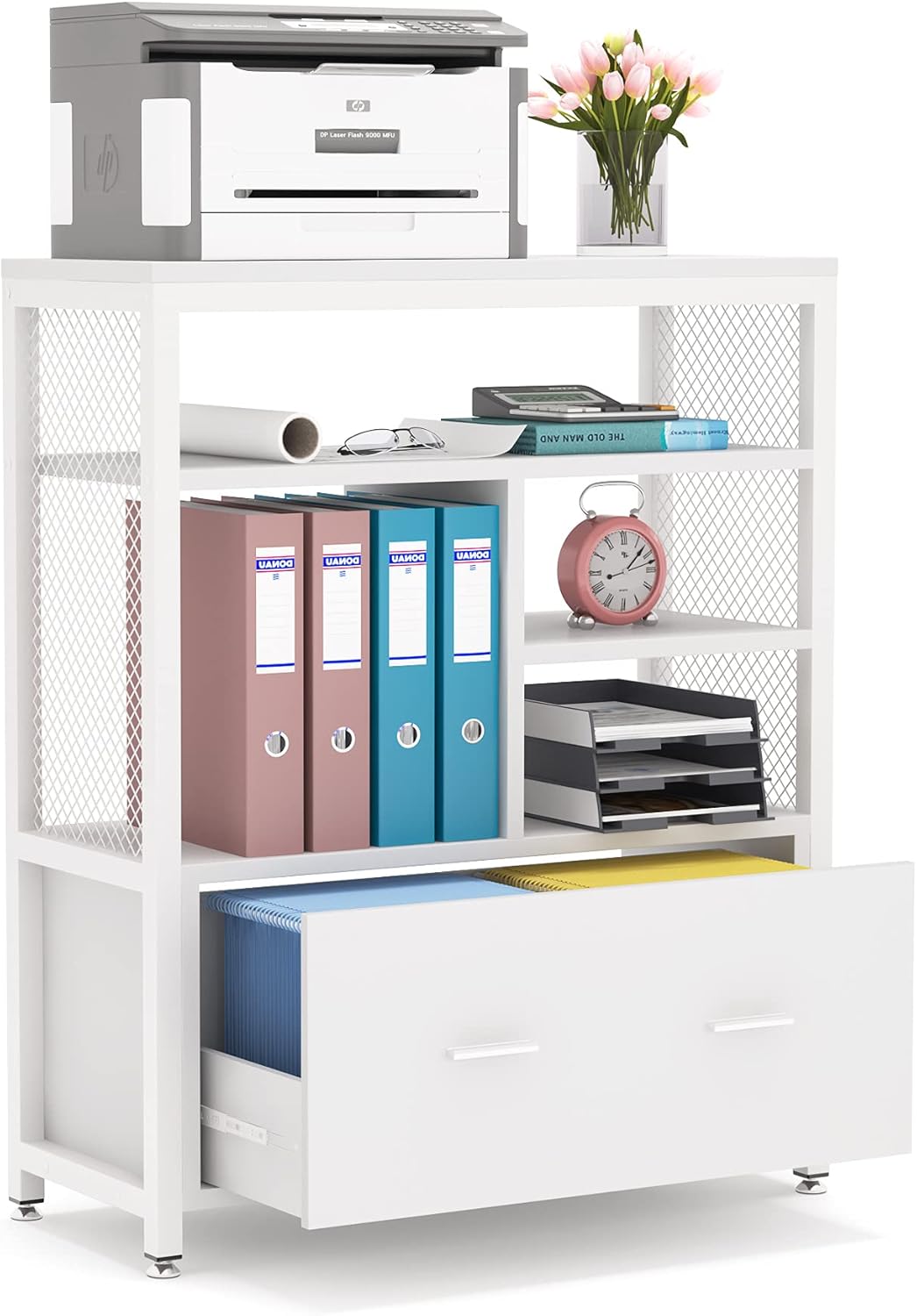 Black Wood Lateral File Cabinet with Drawer and Metal Wire Open Storage Shelves O749152