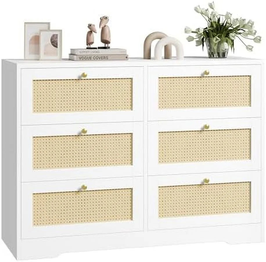 White 6 Drawer Rattan Dresser Z9502