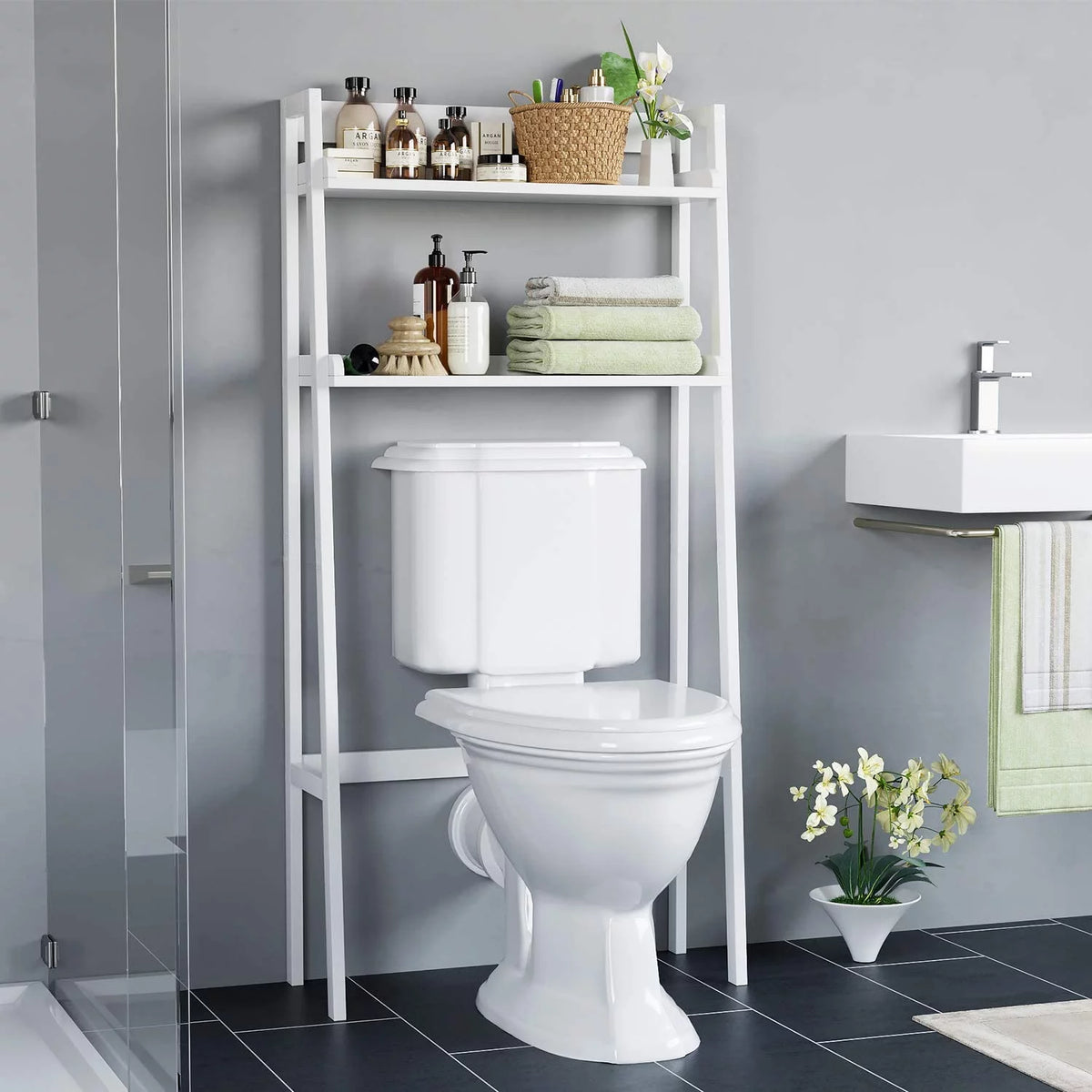 2-Tier White Over the Toilet Bathroom Shelf F818503