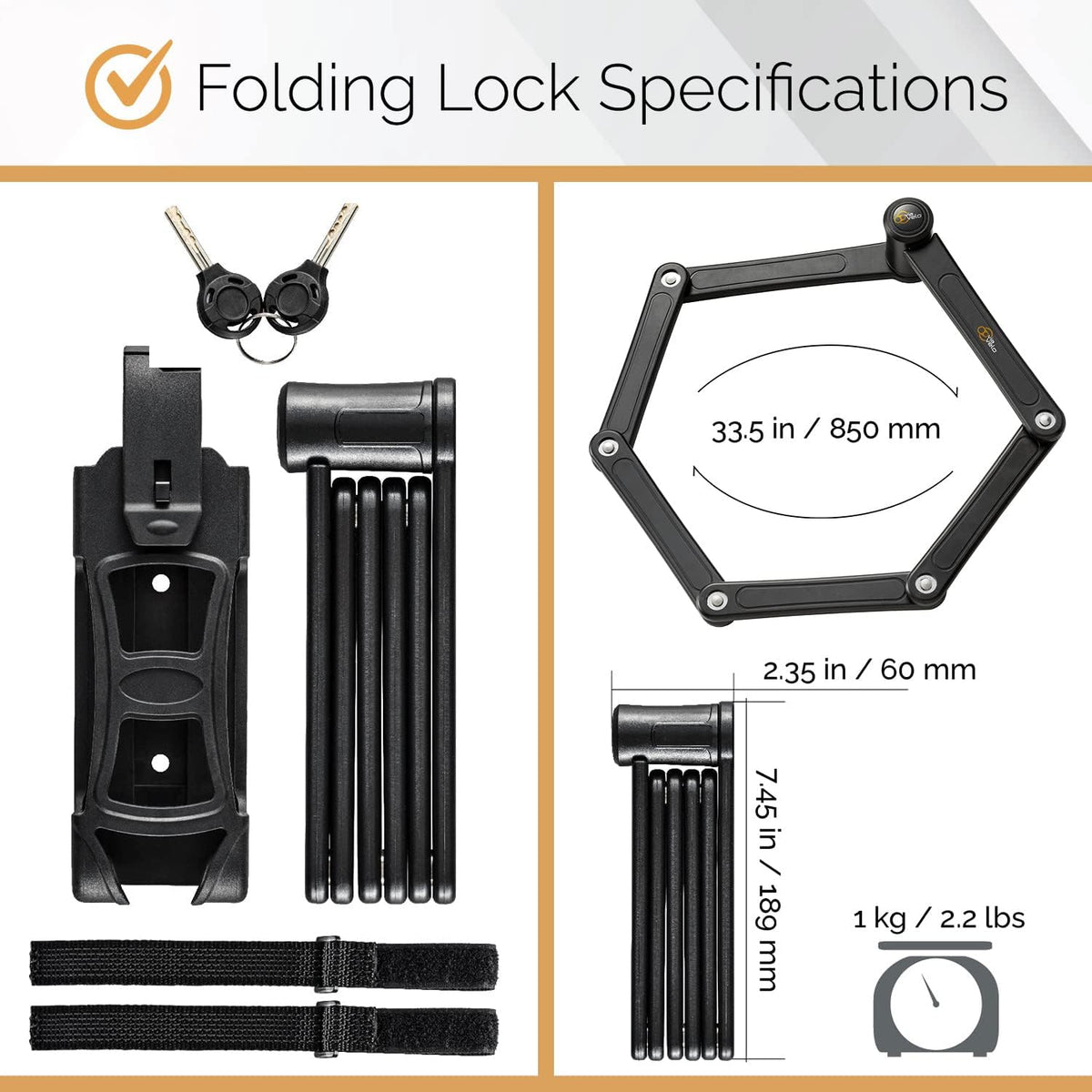 Folding Bike Lock Heavy Duty Hardened Steel with Mounting Case and Two Keys U53832