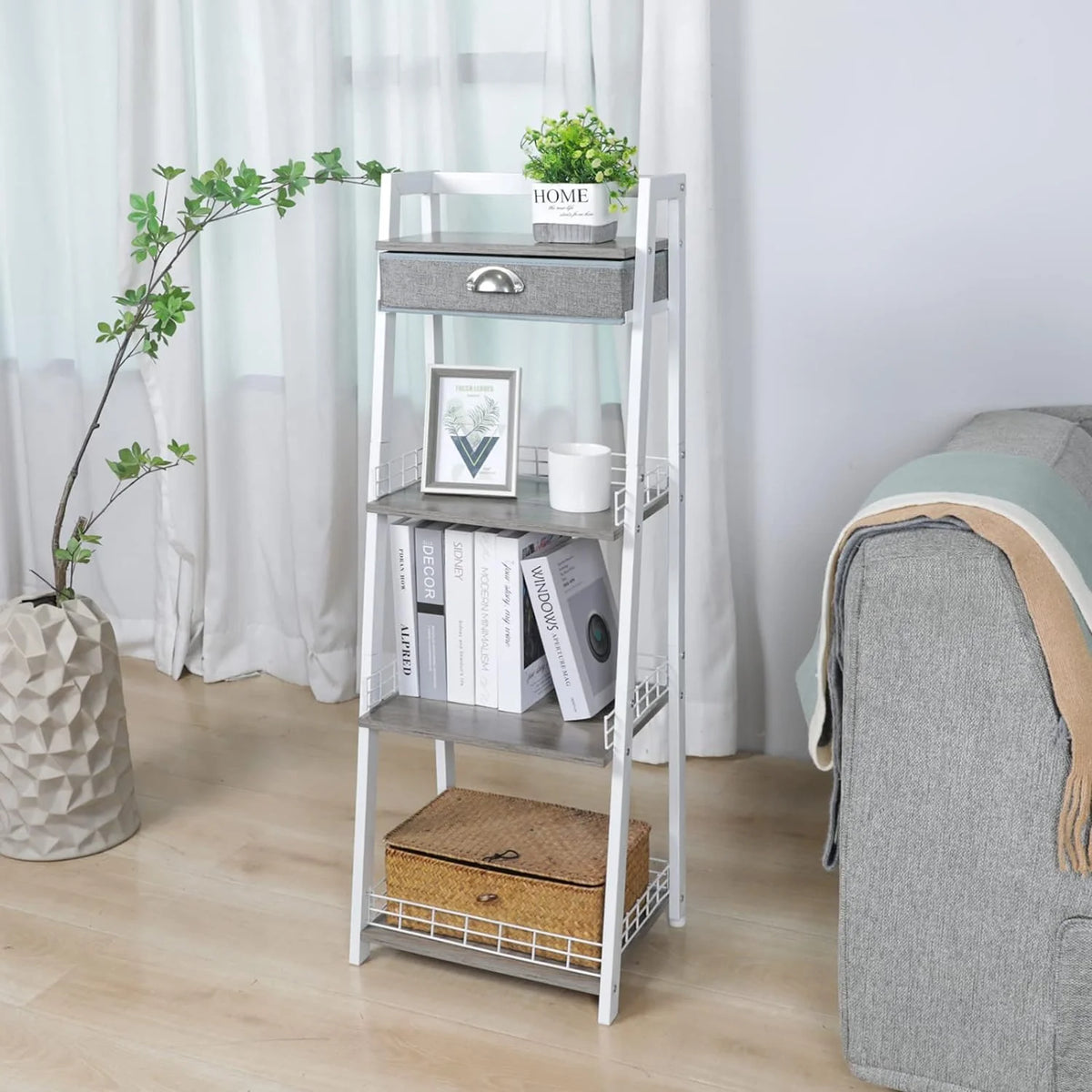 White 4 Tier Ladder Shelf with Drawer R527103