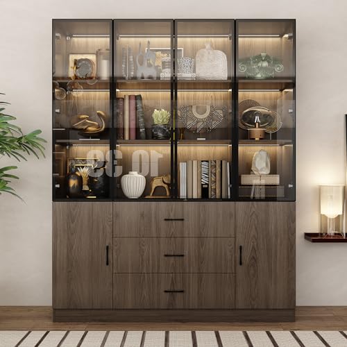 Dark Brown 6 Doors Lighted Kitchen Pantry Storage Cabinet with Glass Doors, 3 Drawers & 5 Tiers Shelf W7452