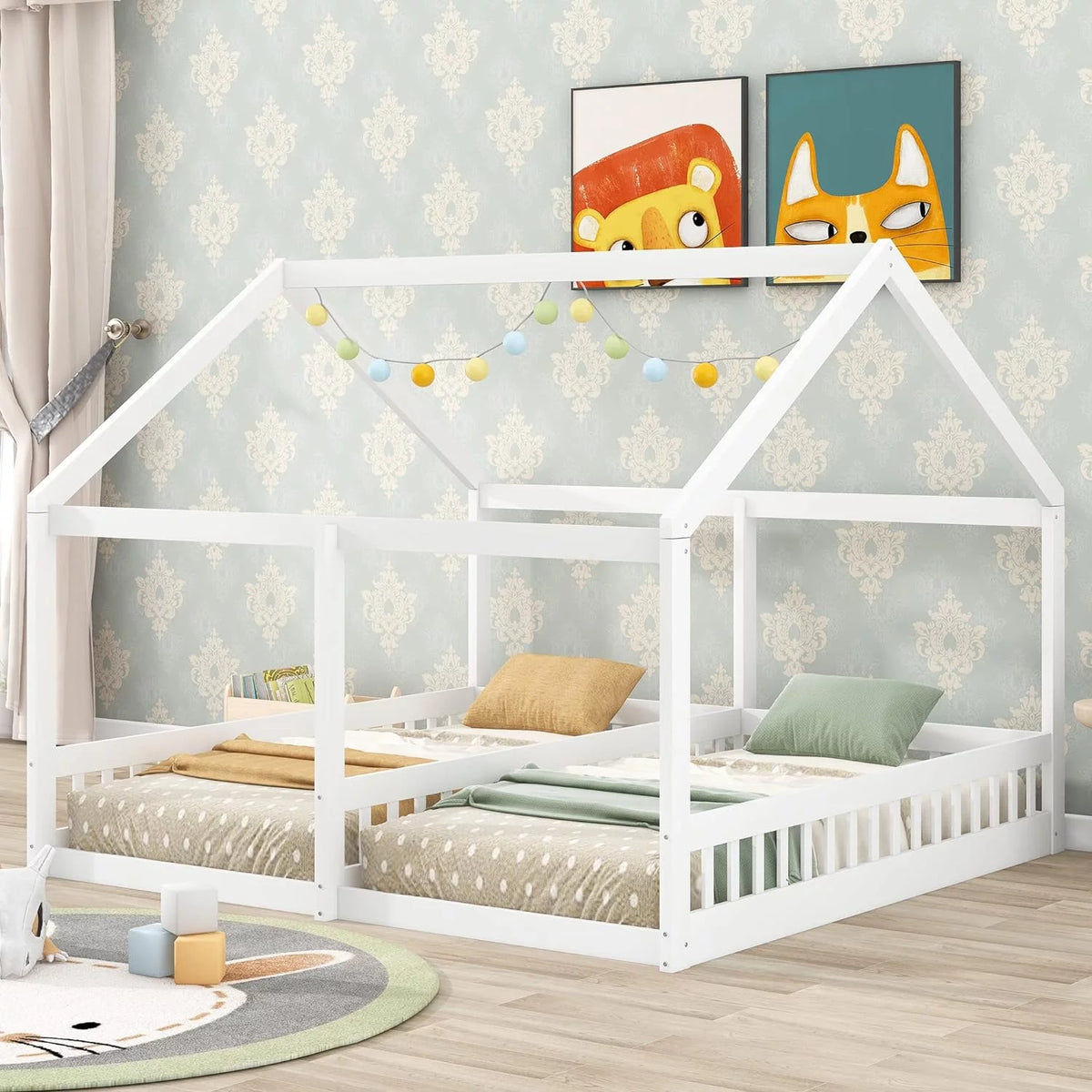White Solid Wood Floor Bed with Rails and Roof G1304