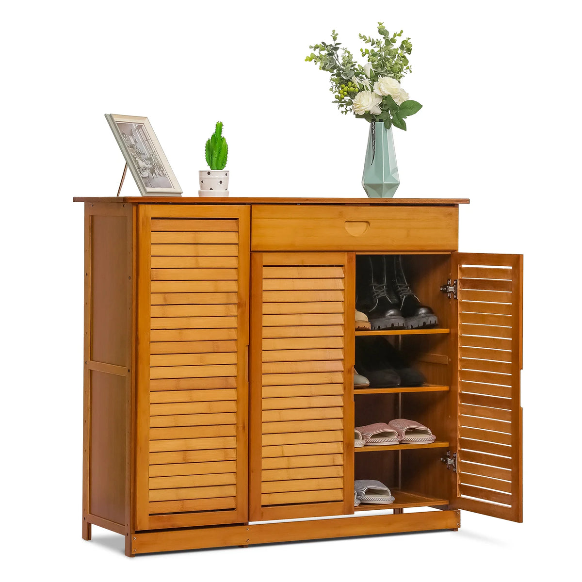 Brown 4 Tiers 1 Drawer 18 Pairs Bamboo Shoe Rack P8064