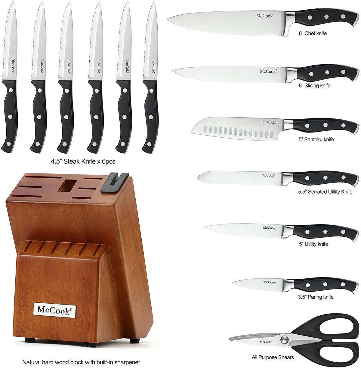 15 Pieces Kitchen Knife Block Set with Built-in Sharpener U42461