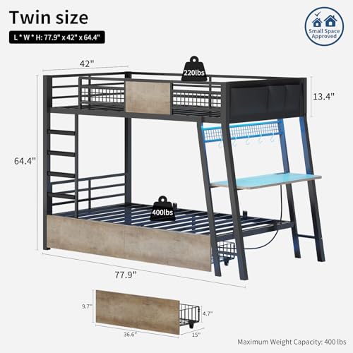 Twin Over Twin Metal Bunk Bed with Desk and Storage Drawers T6051